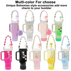 Accessoires de gobelet bohème avec sangles tissées à fleurs et breloques en neuf couleurs