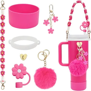 Détails de l'ensemble d'accessoires roses pour gobelets avec gaine et capuchons de paille