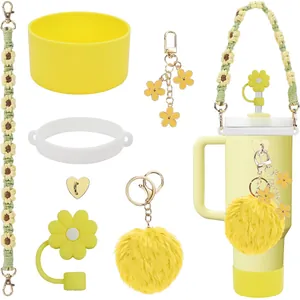 Kit d'accessoires pour gobelet avec paille fleur jaune et lanière décorative