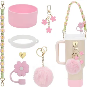 Kit d'accessoires rose pour tasse Stanley avec paille fleur et botte en silicone