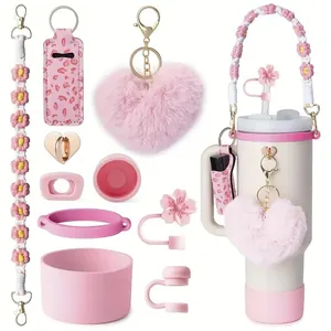 Rosa Stanley Becher Zubehörset mit Blumenband, Plüschherz und Silikon Schutzhülle