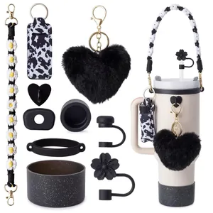 Stanley cup accessories set with black daisy lanyard and heart plush charm in cow pattern