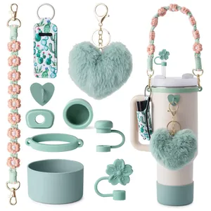 Mint green heart plush charm and floral strap accessory kit for tumblers