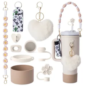 Cute sunflower straw cup accessory set with heart plush charm and protective sleeve