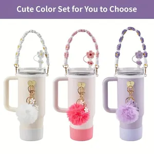 Insulated Tumbler Set With Silicone Boot Straw Cover Flower Woven Strap Heart Hook Plush Ball Charm For Large Water Bottle