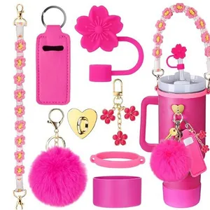 Rosa Kirschblüten-Strohhalm-Set mit gewebtem Gänseblümchen-Griff und Schlüsselanhänger