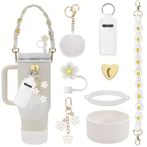 40oz Thermobecher Set in Creme mit Blumen-Strohhalmkappe und gewebtem Tragegriff