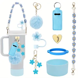 Blaues Kirschblüten Strohhalm Set mit gewebtem Griff und Pompon Anhänger für Becher