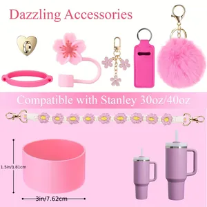 Rosa Silikonbecher Zubehör-Set mit Blumen-Strohhalmkappe und flauschigem Anhänger für 40oz