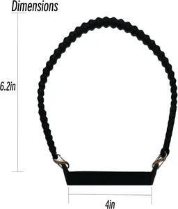 Close-up of black silicone water bottle strap with gold hooks and size dimensions