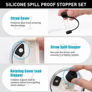 Black silicone spill proof stopper set for Stanley cup with straw cover and seal plug