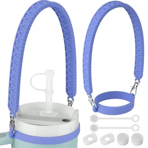 Close-up of lilac silicone handle strap and spill-proof stopper set for insulated cups
