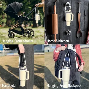 Silicone water bottle handle strap and straw cover shown in various outdoor usage scenarios