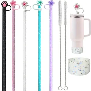 Set copri cannuccia in silicone a fiore e custodia glitterata per bicchieri
