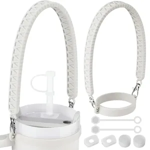 White silicone accessory set for tumblers including handle, straw covers and leak stoppers