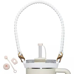 Silicone water bottle handle strap with gold buckles and straw cover set for large tumblers
