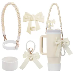 Ensemble Accessoires pour Gobelet Protection Silicone Couvre-Paille Sangle Tissée Charme Perle Nœud Décoration Bouteille d'Eau Cadeau Femme
