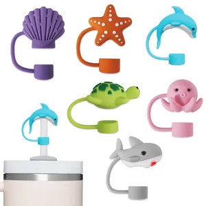 Detailed set of 6 silicone ocean animal straw covers for 10mm drinking straws