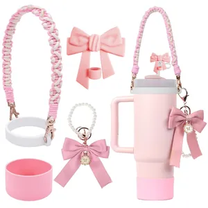 Kit d'accessoires rose pour gobelet 40oz avec poignée corde et breloque nœud
