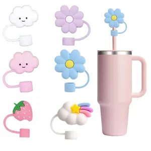 6-piece silicone straw cover set with cloud, flower and rainbow designs for 10mm straws