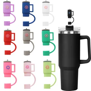 Detailed set of nine colorful mini cup shaped silicone straw toppers for 10mm straws
