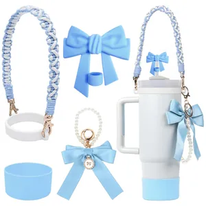 Kit d'accessoires bleu pour gourdes avec poignée tissée et bouchon de paille nœud