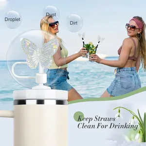 Detailed view of white silicone straw topper with laser butterfly decor for dust protection