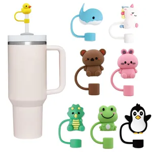 Detailed view of 8 silicone cartoon animal straw covers for 10mm tumbler accessories