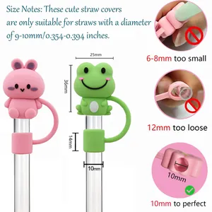 Detail showing 3D silicone straw covers with pink rabbit and green frog designs for 10mm tubes