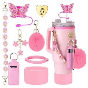Tumbler Accessory Set With Silicone Boot Straw Cover Cap Flower Charm Lip Balm Holder Letter Pendant Heart Hook For Large Insulated Cup Decorations Girly Gift