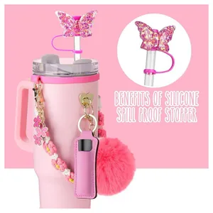 Pink tumbler with straw cover, beaded lanyard, and charm for 30oz or 40oz cups