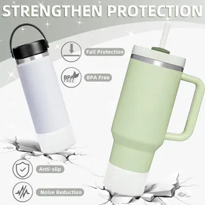 Detail of protective silicone boots on water bottles with drop-resistant feature