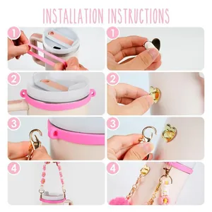 Pink silicone adapter and heart hook installation guide for 30oz 40oz tumbler cups