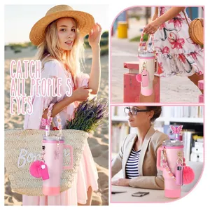 Pink 40oz insulated tumbler set with straw cover bead strap and accessory pouch