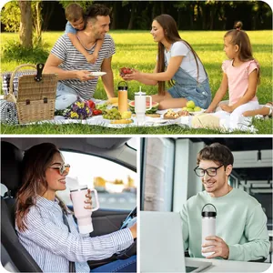 Insulated tumblers in pink and white shown in outdoor picnic and driving scenes