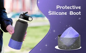 Glittery purple silicone protective boot for tumblers shown in outdoor use and close-up