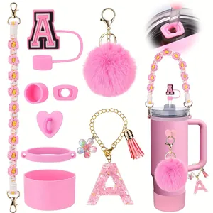 Glitter Roze Beker Accessoires Met Strass Letter Hangers Siliconen Hoes Strik Rietjesdeksel Voor Grote Vacuümbeker