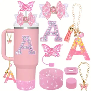 Roze tumbler accessoireset voor 40oz beker met glitter siliconen voet en strasletter A