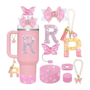 Roze 40oz thermosbeker set met glitterletter R, strikjes en siliconen beschermhoes