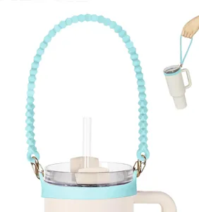 Sky blue silicone water bottle carry handle strap with ring compatible with Stanley tumblers