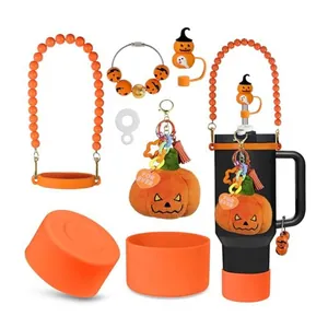 Kit accessori tazza Halloween con copri cannuccia arancione e manico di perline per tazze