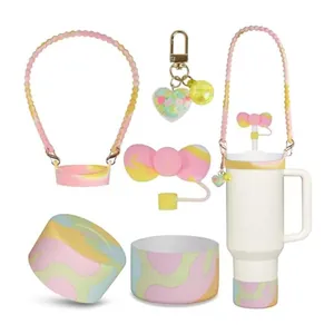 Set accessori marmo rosa per tazze 30/40oz con custodia in silicone e tracolla