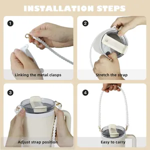 Four-step installation guide for silicone water bottle sling with gold carabiner