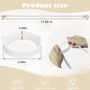 Detailed specs of white silicone water bottle carrier strap with gold metal buckle