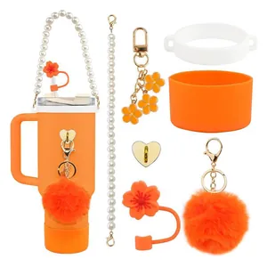 Silicone Boot Pearl Handle Pom Pom Keychain Flower Straw Cover Heart Hook Accessories Compatible With Stanley Cup Tumbler