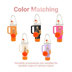 Orange Stanley cup accessory set with pearl handle, floral straw cover and charm