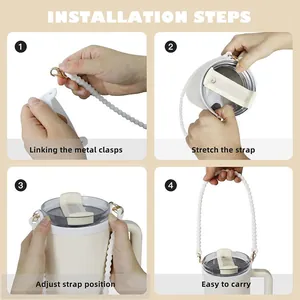 Four-step installation guide for silicone bead water bottle handle with gold carabiners