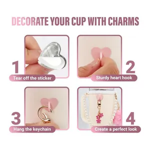 Pink heart adhesive hook for water bottle handle accessories with installation steps