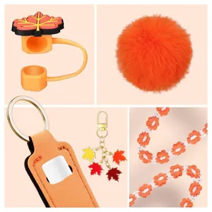 Orange autumn accessories set for Stanley tumblers including silicone maple straw covers