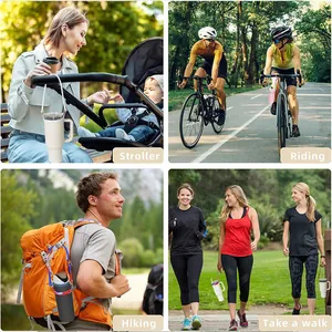 Universal woven water bottle handle strap for 40oz cups shown in four outdoor usage scenarios